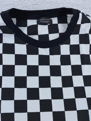 Zara Man Shirt Mens Medium Black White Checkered Pattern Short Sleeve Crewneck