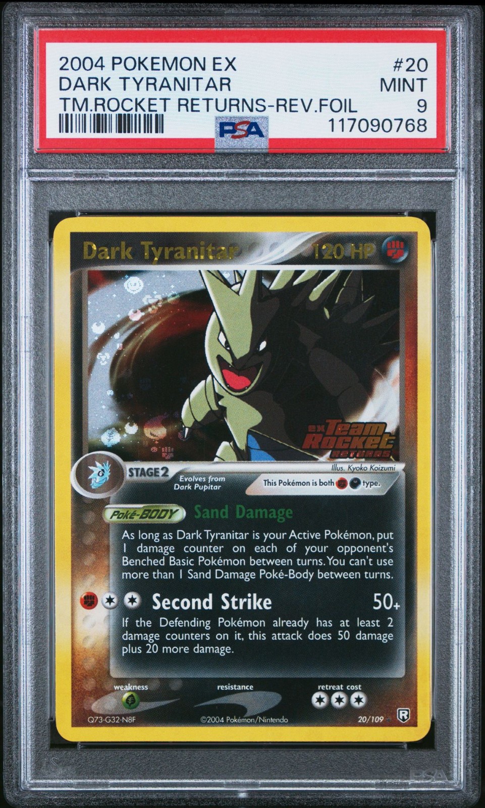 NEW CERT - 2004 TEAM ROCKET RETURNS #20 DARK TYRANITAR - REVERSE FOIL PSA 9