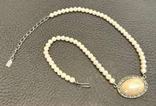 1928 Victorian Revival Faux Pearl Cabochon Beaded Necklace Hook Clasp 16.5”-19”