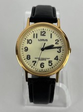 Lorus V515-BA00 34mm Gold Tone Quartz Watch w/Black Leather Band New Battery