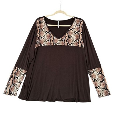 Cool Melon Brown V neck Snake Print Accents Long Sleeve Tunic Top Size 1X