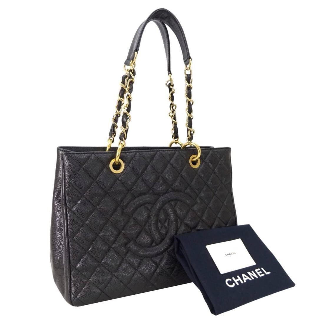 Good Condition CHANEL GST Tote Caviar Skin Coco Mark Black Gold A50995 Chain S