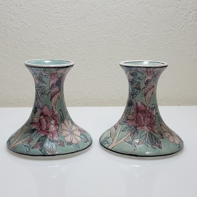 2 VINTAGE ORIENTAL CHINOISERIE HAND PAINTED CANDLESTICK HOLDER TEAL BIRD FLOWER