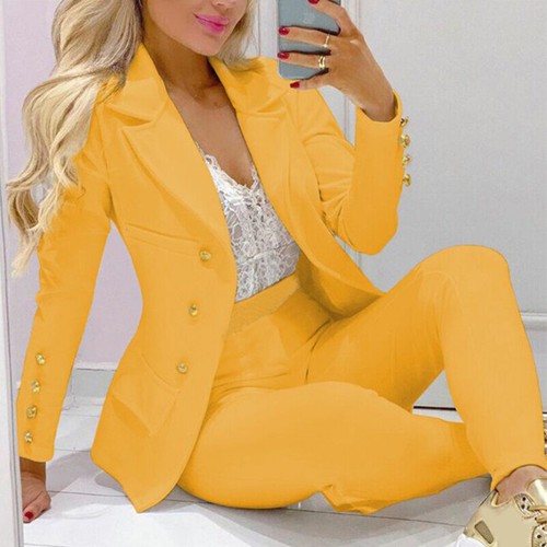 2-teilig Damen Massiv Langarm Blazer Hose Set Formelle Jacke Mantel Anzug Outfits - Bild 13 von 16