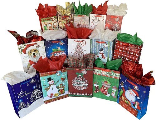 Christmas Gift Bags Assorted Sizes - Set of 15, Bulk, Large, Medium, Small, Tags - Picture 2 of 8