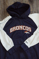 Reebok Denver Broncos Hoodie Sweatshirt Youth Large Blue White Graphic Pullover 