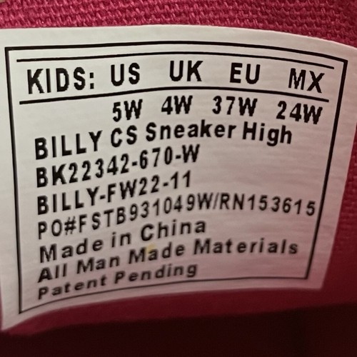BILLY Kids Girls Size 5.0 Wide CS Sneaker High Fuchsia White Zip Around Shoes - Picture 10 of 11
