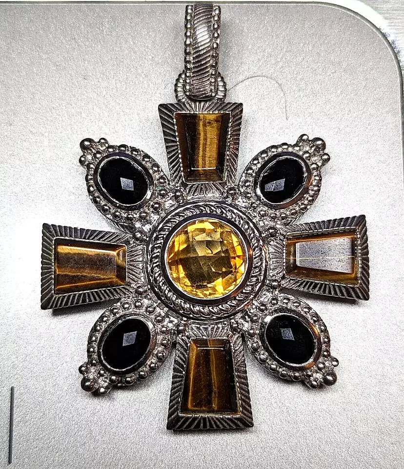 Judith Ripka prata esterlina citrino olho de tigre e ônix GRANDE bolsa/caixa pingente - Imagem 3 de 4