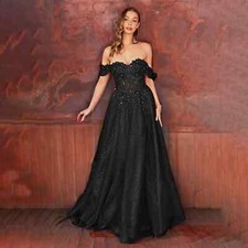 Black Glitter Tulle Wedding Dresses Sparkle Lace Applique A Line Bridal Gowns
