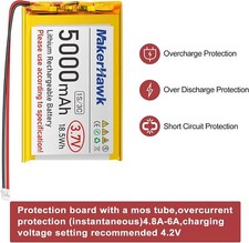 Batteria LiPo 3,7 V 5000 mAh, Ricaricabile, 1S 3C 105080 Batteria ai Polimeri di Litio