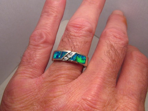 Men's Opal and Diamond Ring , Solid 14 k White Gold , size 12 - Picture 6 of 9