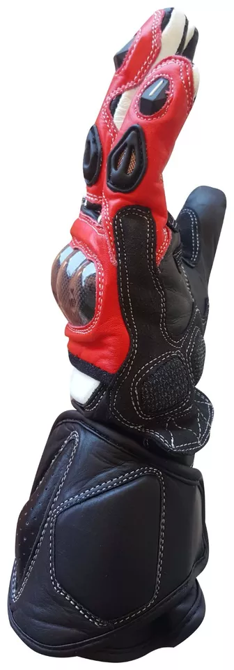 Guanti moto pelle protezioni rigide dita palmo nocchie in carbonio pista Rosso - Immagine 3 di 4