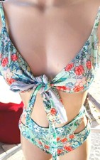 victorias secret bikini Set L M   Blue Floral Soft Lined Front Tie Cut Outs