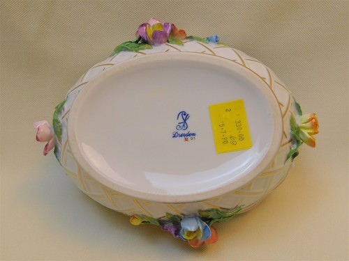 Vtg Carl Theime Dresden Germany 7.5” Reticulated Bowl Applied Flowers Open Lace - Picture 8 of 9