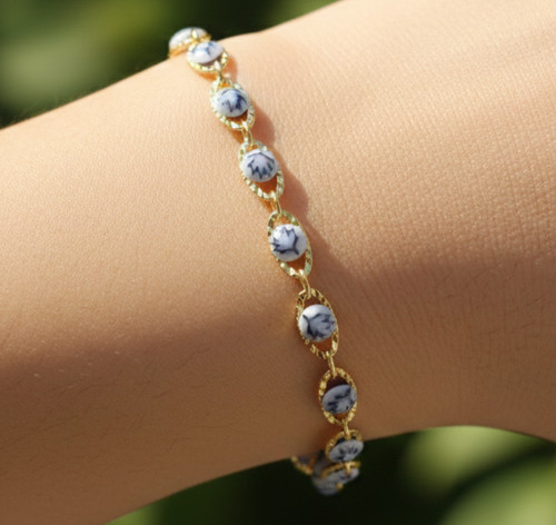 Minimalist White Marble Stone Bracelet Gold Plated Floral Accents Dainty Jewelry