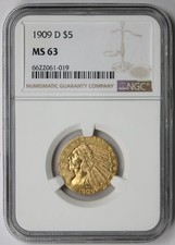 1909-D Indian Head Half Eagle Gold $5 MS 63 NGC