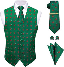 Mens Suit Vest Christmas Dress Vests Silk Tie Pocket Square Tie Clip Costumes fo