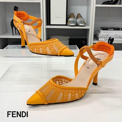 Auth FENDI Colibri Mule Pumps UK2 EU35 US5 Orange Leather Mesh
