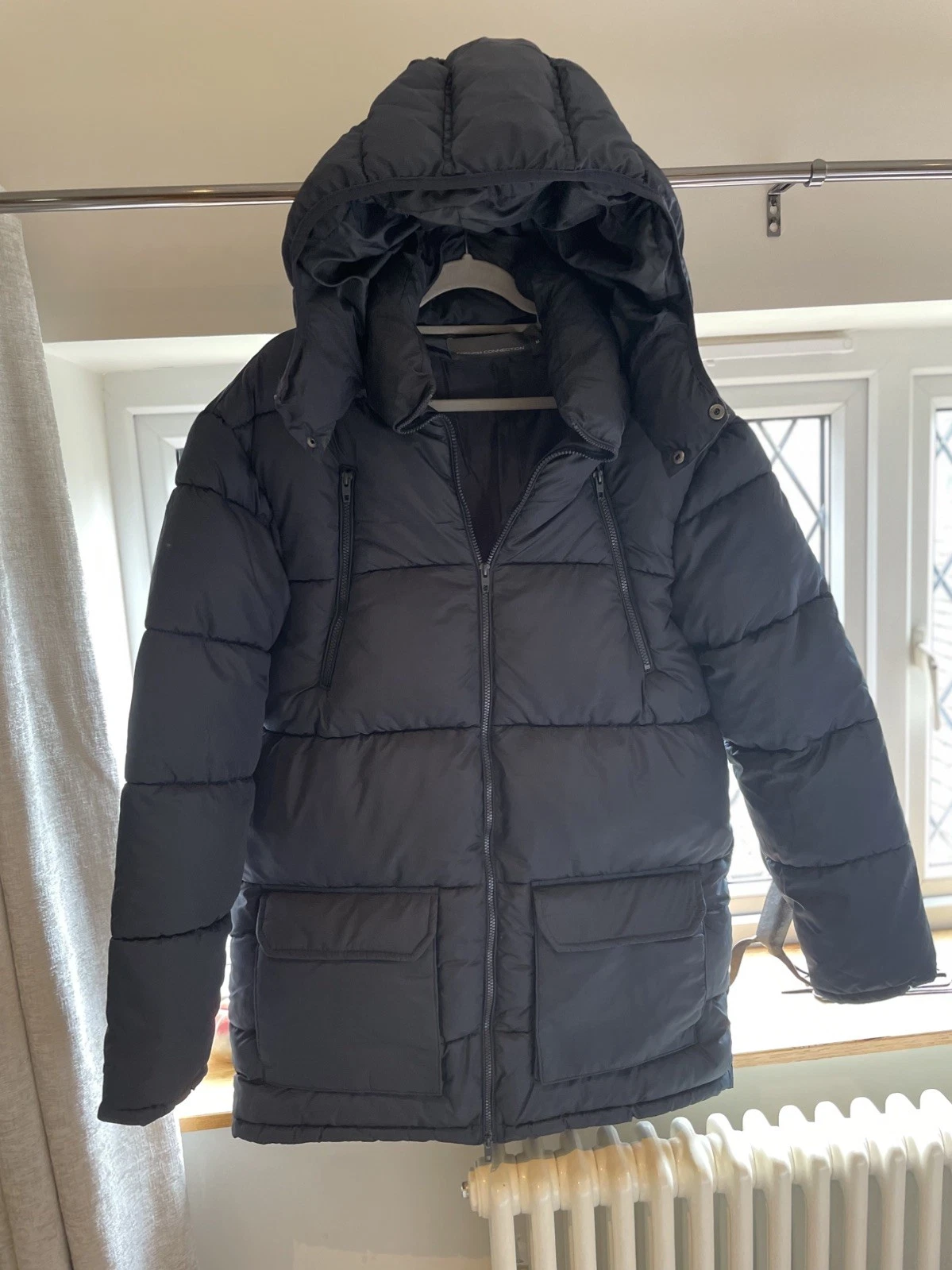French Connection Puffer Jacket- Navy Blue-size Medium on label but LARGE