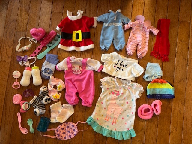Lot of Baby Doll Clothes and Accessories - Bottles, Socks, B