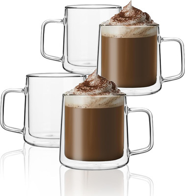 CNGLASS 12Oz Glass Coffee Mugs,Double Wall Insulated Glass Cups with Handle,Clea