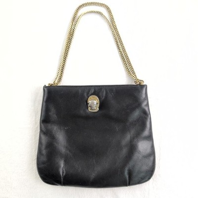 Vintage Ruth Saltz Cougar Head Black Leather Handbag Double Chain Strap 