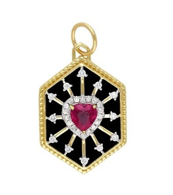 Heart Ruby Diamond Sterling Silver Pendant, Black Onyx Hexagon Charm