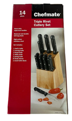 Chefmate Triple Rivet 14 Piece Cutlery Set Knives Heavy Duty Black Handles Block