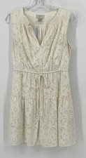 LOFT XSP Cream V Neck A-line Waist  Tie Flower Sleeveless Knee Length Lined