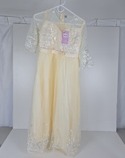 Ivory Floral Embroidered Dress Girls 16/18 Junior S 3/4 Sleeve 45" Tea Length