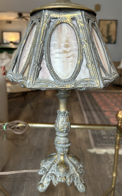 Art Nouveau slag glass table lamp with silver-plated metal base and frame