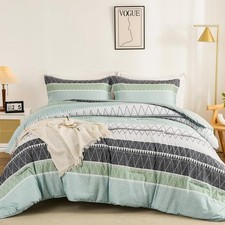 King Comforter Set-Sage Green Comforter, Reversible Boho Striped Bedding Set ...