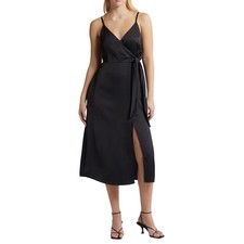 Chelsea28 Black Satin Midi Wrap Dress Tie Waist Spaghetti Straps Formal Evening
