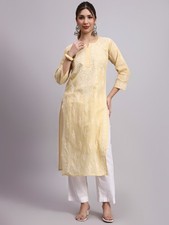Women s Beige Chikankari Kurti Embroidered Cotton Ethnic Kurta with Camisole