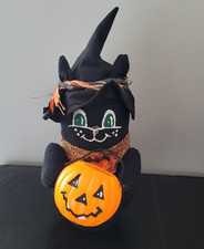 Lights Up Black Cat Holding Pumpkin Halloween Decoration Glowing Lights 12"