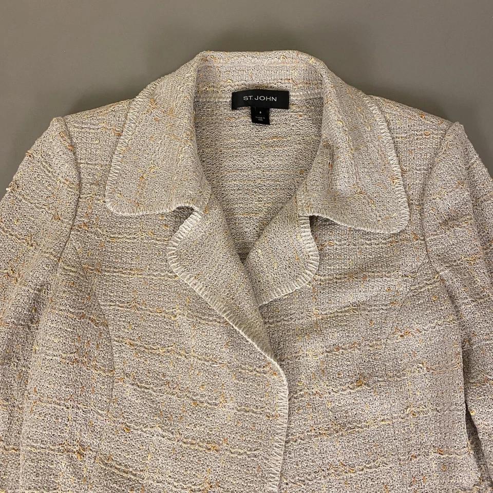 Chaqueta Blazer St. John Tejida Dorada Metálica Tweed Carrera Talla 6 Beige Frente Abierto Foto 2 de 4