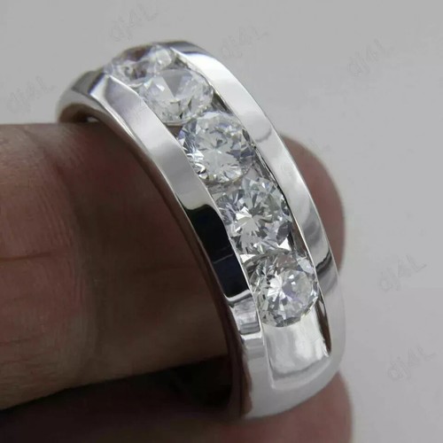 925 Sterling Silver 6.0Ct Round Moissanite Men's 5-Stone Wedding Band Ring - Picture 2 of 7