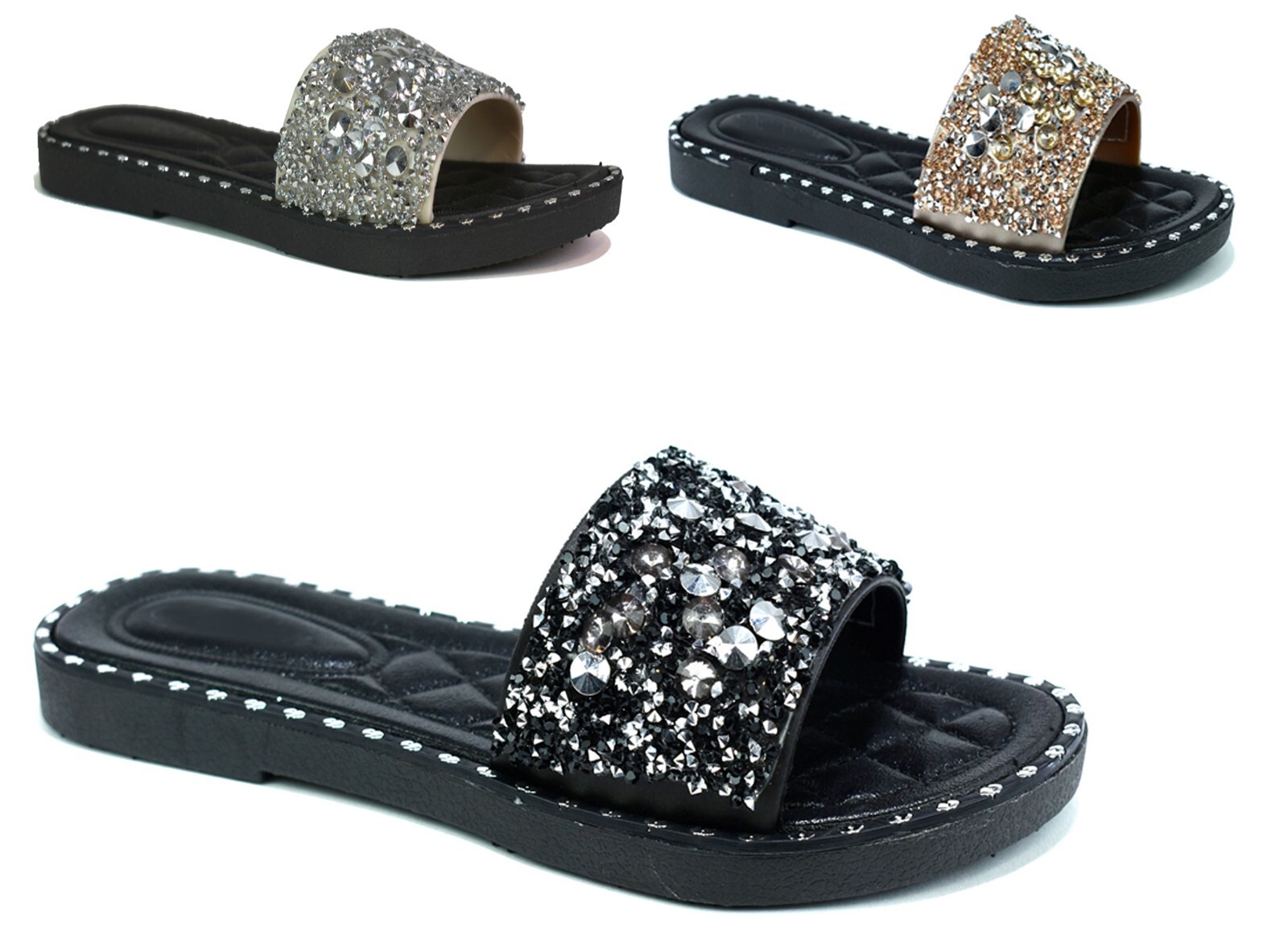PANTOFOLA D’ORO Sandalo donna Diamante Sliders donna punta aperta nero slip on glitter taglia UK 3 8
