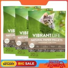 3 Pack Vibrant Life Natural Paper Pellets Cat Litter, Unscented, 20 lb