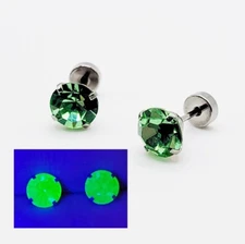 Uranium Glass Stud Earrings Green Flat Screw Back Stainless Steel