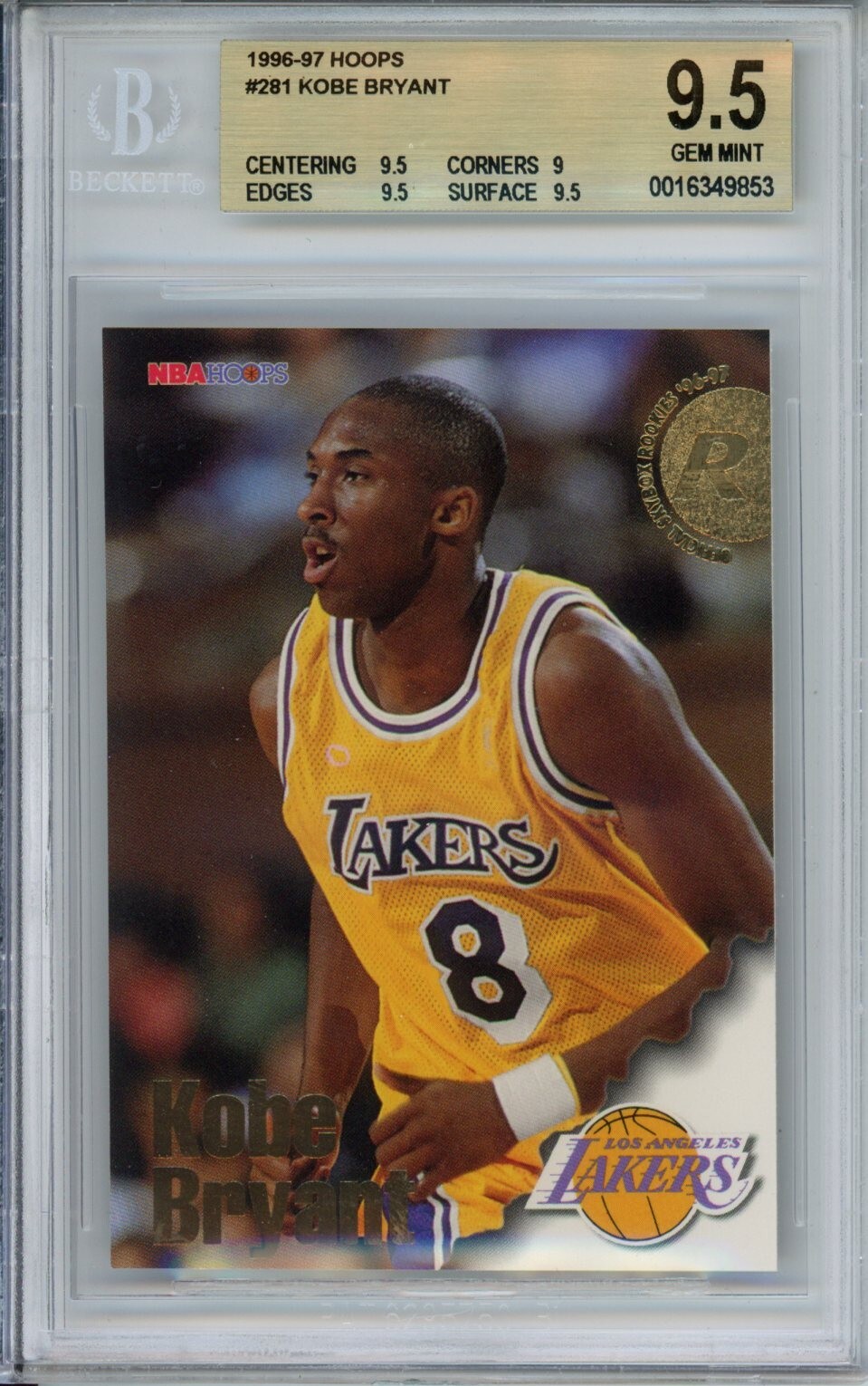 1996-97 Hoops #281 Kobe Bryant BGS 9.5 Gem Mint Rookie Card Los Angeles Lakers