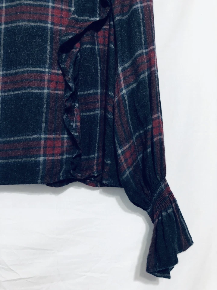 Zara Top Womens Size XS Gray Plaid Ruffle Long Sleeve Cropped Academia Boho - Image 3 of 4