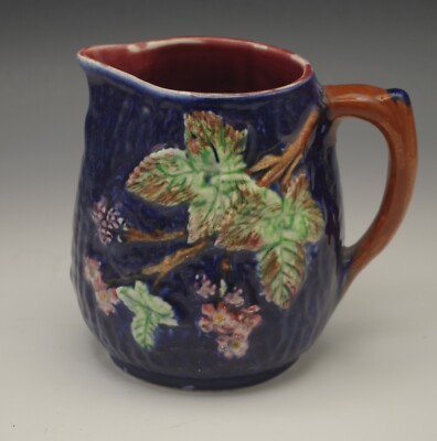 SHORTER AND SON ENGLAND ANTIQUE MAJOLICA BLACKBERRY COBALT PITCHER C.1890