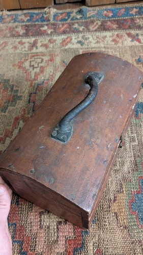 Antique Early Primitive Country Wood Dometop Document Box Leather Handle 10" - Picture 6 of 10