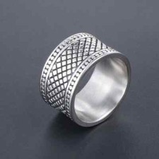 12mm Grid Pattern Men's Big Band Ring Stainless Steel Biker Retro Wedding Ring