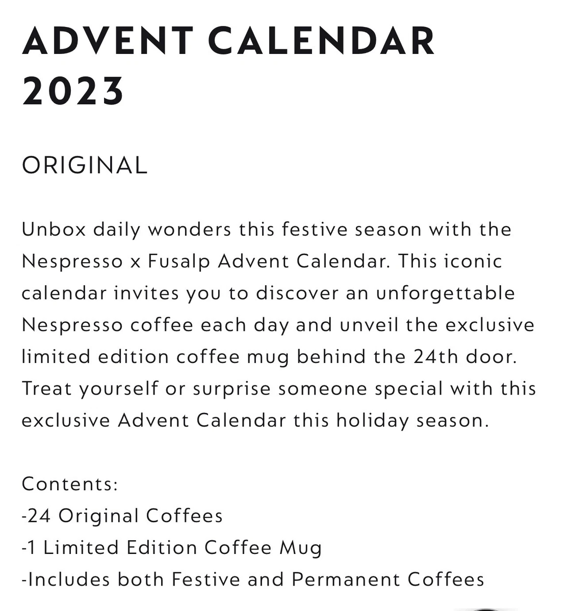 Nespresso Original Coffee Advent Calendar 2023,24 coffees&1 limited edit.  mug | eBay
