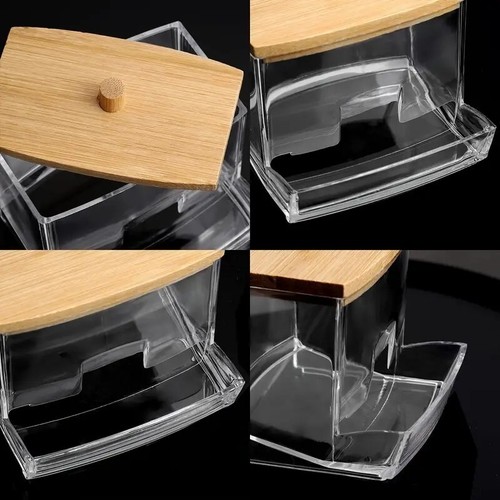 Cotton swab/Q-tip dispenser, 7oz plastic holder with wood top, natural boho look - Picture 4 of 6