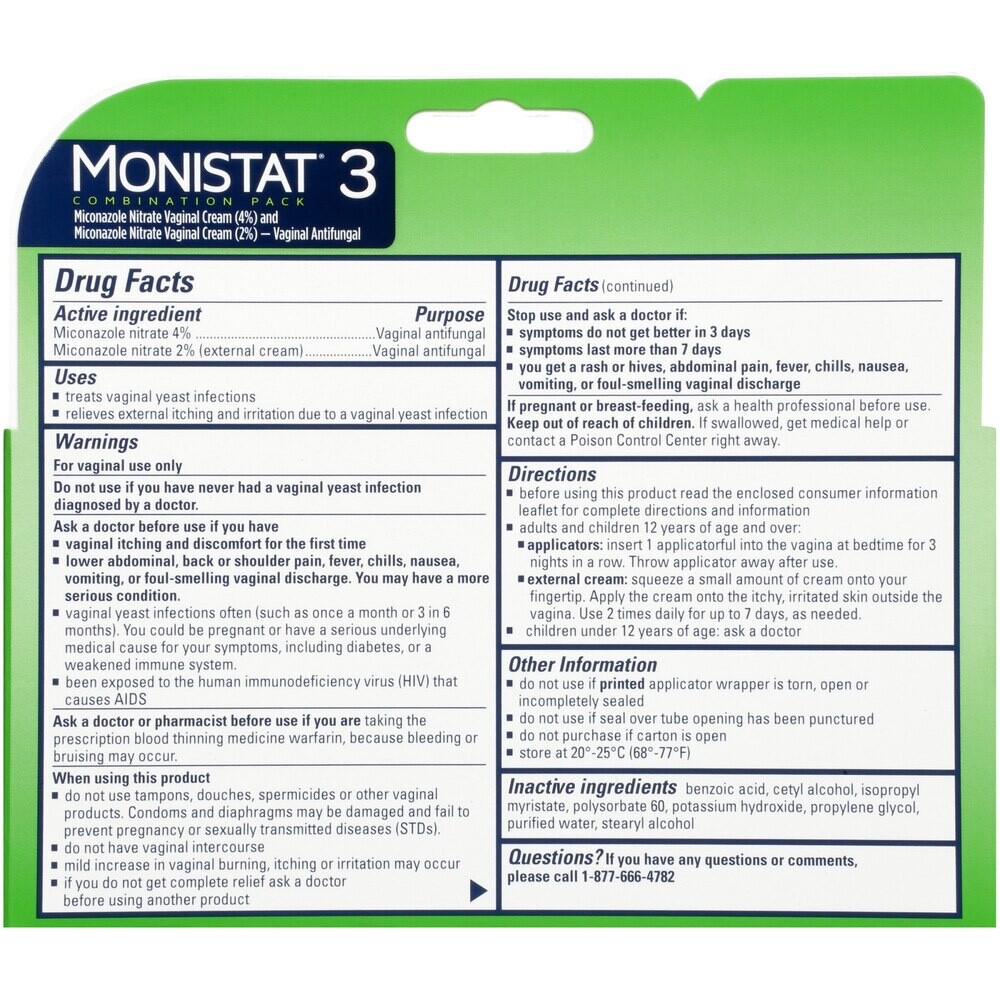 3 X Monistat 3 Day Yeast Infection Pre Filled Cream Applicators