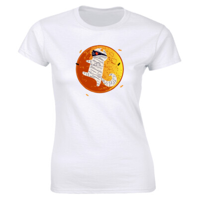 Funny Mummy Cat Dancing with Full Moon and Bats Women's Halloween T-Shirt
