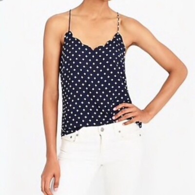 CREW Navy Blue Sleeveless Scalloped V-Neck Polka Dot Spaghetti